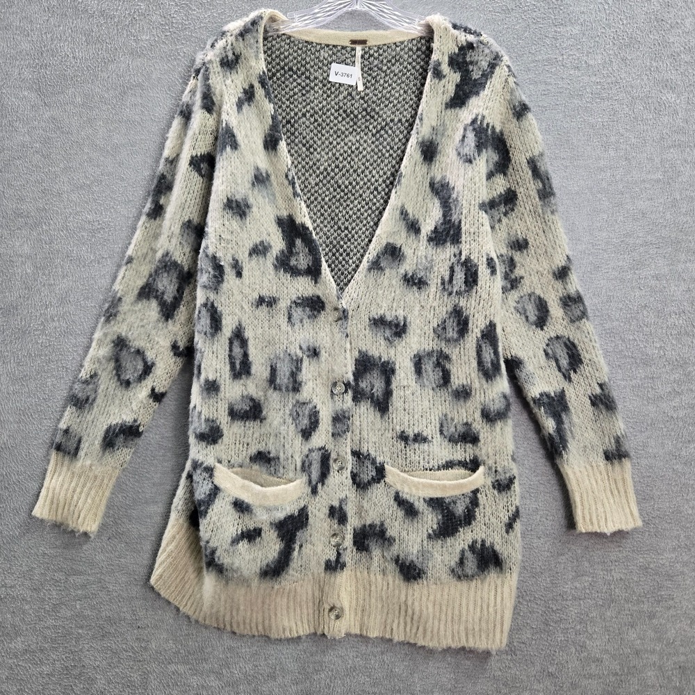 Free People Women Sweater M Cream Snow Leopard Out Of Africa Cardigan Wool Blend